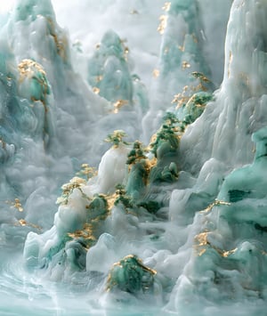 jade carving,Captured from a high-angle perspective,a detailed detailed view of a waterfall is depicted. The waterfall is made up of a variety of rocks,each with a unique texture and design. The rocks are covered in a layer of water,creating a stark contrast with the waterfall. The water is a light blue,with a reflection of the rocks in the water,adding a touch of nature to the scene. The scene is entirely entirely entirely blurred,with the rocks and trees in the foreground and the background in the background.