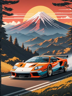 Japanese style, 80s retro vibe, aesthetic, motor sports design, geometric mountain background, retro-style sun.2D, flat colors, clear colors, white outline,(high pixel detail quality, sharp quality) 
(excellent sharp edges)
(magnetic sharpness highest level detailed full body quality), (extremely detailed 8K face body effects detailed ) (extremely detailed_detail) 
(highest level detailed quality)!(excellent quality detailed:1.5)! 
(out of focus details:1)
 (masterpiece:1.3), (best quality:1.3), (ultra high resolution:0.9) (hd +:0.8 ) (high definition image :1.5)  (auto adjust detail_details:0.8) 