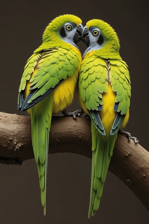 High-quality image of a male and female parrot on a tree branch, engaging in love movements. The male rides on the female's back, his tail constantly moving, while the female excitedly turns to touch his beak with hers. Superb photography with perfect bird body movements, detailed feathers, and natural light enhancing the scene. The background is simple, focusing on the birds' intimate interaction, with shadows adding depth. Captures the full-of-love behavior of nature.