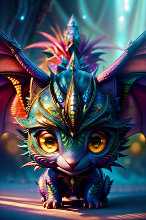 cute chibi baby dragon, cinematic background, vibrant colors, UHD, 16k, 3D rendering, detailed scales, adorable face and expression, sparkling eyes, fluffy wings, playful pose, magical atmosphere, realistic textures, professional artwork, fantasy art style, mystical lighting, captivating composition, epic fantasy scene