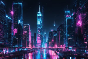 This eye-catching digital artwork features a neon-lit city skyline in wire form with a futuristic background. The black space serves as a canvas for the glowing blue and purple lights that seem to pulse along the building, giving the work a sense of movement and energy. The contrast between the illuminated areas and the dark background creates a striking visual effect and emphasizes the elegance of the skyliner. This work demonstrates the artist's ability to combine traditional art techniques with digital technology, resulting in a stunning holographic style image that captivates the viewer. ,  <lora:FluxDFaeTasticDetails.safetensors:0.8, <lora:glowing_flux.safetensors:0.8(Magnificent sharpness highest level detailed quality:1.2 ), (extremely detailed 8K effects detailed :1.6 ) (extremely detailed_detail:1.5) (high pixel detail quality, sharp quality) 
(excellent sharp edges:1.5)
(Magnificent sharpness highest level detailed quality:1.3), (extremely detailed 8K effects detailed ) (extremely detailed_detail) 
(highest level detailed quality)!(excellent quality detailed:1.5)! 
(out of focus details:1)
 (masterpiece:1.3), (best quality:1.3), (ultra high resolution:0.9) (hd +:0.8 ) (high definition image :1.5)  (auto adjust detail_details:0.8) 