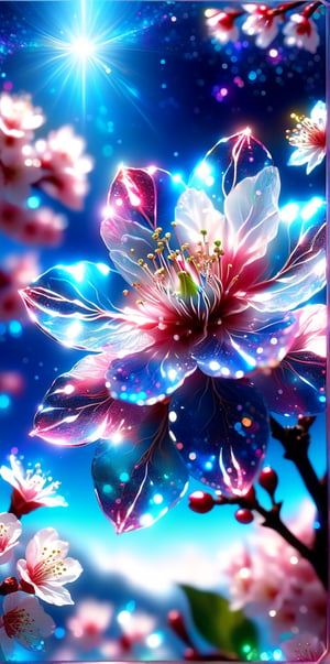 crystal cherry blossom, fantasy, blue sky, transparent, shimmering, sparkling, splendid, colorful, magical photography, dramatic lighting, photo realism,blue glitter, ultra-detailed, 4k, Depth of field, High-resolution
(Magnificent sharpness highest level detailed quality:1.2 ), (extremely detailed 8K effects detailed :1.6 ) (extremely detailed_detail:1.5) (high pixel detail quality, sharp quality) 
(excellent sharp edges:1.5)
(Magnificent sharpness highest level detailed quality:1.3), (extremely detailed 8K effects detailed ) (extremely detailed_detail) 
(highest level detailed quality)!(excellent quality detailed:1.5)! 
(out of focus details:1)
 (masterpiece:1.3), (best quality:1.3), (ultra high resolution:0.9) (hd +:0.8 ) (high definition image :1.5)  (auto adjust detail_details:0.8) 