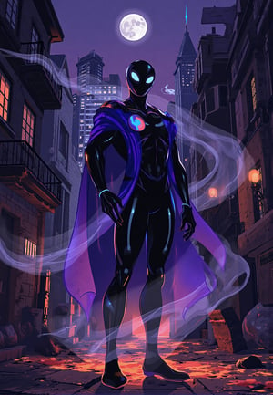 Wearing a black and purple costume with glowing blue accents, Phantom stands, , casting an ominous shadow. In the foreground, Halloween night. Transparent clothes shrouded by smog and translucent fog. Captured with high-resolution detail, the ghostly figure poses amidst a dark alleyway littered with trash bags and discarded Halloween decorations. A hauntingly beautiful illustration of Phantom in a dynamic pose, surrounded by an eerie, transparent mist. a graveyard scene unfolds, ink cinematic. Dynamic digital Art, circle fiery door,Sorrounded by burning red and orange lava splatters.Dark tones symbiote's form. complete with cobweb-covered tombstones and a full moon rising high above.The phantom's face is obscured by shadows, while its ethereal form glows faintly through the thick mist. In the background, towering skyscrapers loom, their windows like sunset, with a cityscape in the background. A ghostly figure looms in the distance, empty eyes staring back. The overall effect is eerie, mysterious .futuristic and cyberpunk aesthetic of Phantom 2040, an animated series that aired in th 1990s, reimagined to have a beautiful masked enigmatic, A dark, intense digital art of the symbiote, synthwave, size balance. sunset, very aesthetic. art landscape 