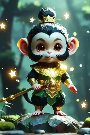 Fluorescent art, sky full of stars, wearing a golden tight hoop, cute monkey king cartoon character from "Journey to the West", holding his golden stick in hand, standing on a rock, surrounded by moss. The background is a forest scene, rendered using 3D rendering software. It has big eyes, bright colors, soft light, high resolution and a cinematic feel. Pixar style. Felt material, Disney style.(Magnificent sharpness highest level detailed quality:1.2 ), (extremely detailed 8K effects detailed :1.6 ) (extremely detailed_detail:1.5) (high pixel detail quality, sharp quality) 
(excellent sharp edges:1.5)
(Magnificent sharpness highest level detailed quality:1.3), (extremely detailed 8K effects detailed ) (extremely detailed_detail) 
(highest level detailed quality)!(excellent quality detailed:1.5)! 
(out of focus details:1)
 (masterpiece:1.3), (best quality:1.3), (ultra high resolution:0.9) (hd +:0.8 ) (high definition image :1.5)  (auto adjust detail_details:0.8) 