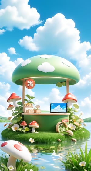 3D_style,
outdoors,water,sky,day,cloud,flower, E-commerce booth, grass,scenery,mushroom, green theme,

professional 3d model, anime artwork pixar, 3d style, good shine, OC rendering, highly detailed, volumetric, dramatic lighting, 