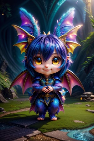 cute chibi baby dragon, cinematic background, vibrant colors, UHD, 16k, 3D rendering, detailed scales, adorable face and expression, sparkling eyes, fluffy wings, playful pose, magical atmosphere, realistic textures, professional artwork, fantasy art style, mystical lighting, captivating composition, epic fantasy scene