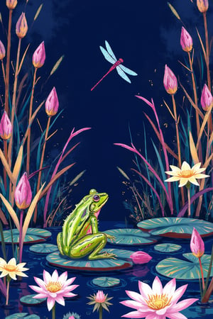 style of Rob Ryan, illustration, a frog sits on a water lily in the pond, a dragonfly flies by, flowers and reeds, (purple, dark blue, dark yellow)