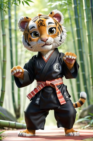 (best quality, 4k, 8k, highres, masterpiece:1.2), ultra-detailed, realistic:1.37, 3d, cartoon, tiger cub dressed in black karate kimono, Character Design, Adorable Characters, Mascot Characters, playful, energetic, expressive, curious, round eyes, sportive, tiger stripes, paws, fluffy fur, sharp claws, karate pose, karate belt, black kimono, white belt, action-packed, bold colors, contrasting colors, playful expression, fierce, funny, tail swishing, forest background, greenery, vibrant setting, sunlight filtering through trees, bamboo leaves, friendly demeanor, warm lighting, attention to detail, adorable face, tiny ears, snout, nose, clenched fists, eager to learn, positive energy,<lora:EMS-256928-EMS:0.800000