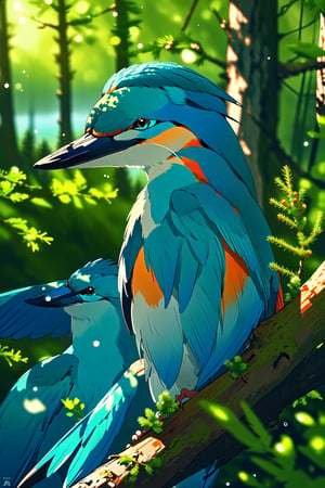 Masterpiece, best quality, (a beautiful kingfisher:1.1) (sits on a spruce branch:1.1), (taiga and a forest lake in the background:1.1), incredible detail, highly detailed, composition, ultra-detailed, light leaks, trending on artstation, sharp focus, Absurdres