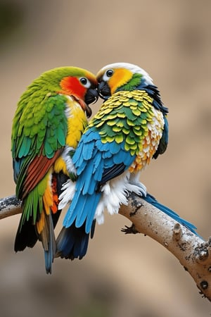 High-quality image of a male and female parrot on a tree branch, engaging in love movements. The male rides on the female's back, his tail constantly moving, while the female excitedly turns to touch his beak with hers. Superb photography with perfect bird body movements, detailed feathers, and natural light enhancing the scene. The background is simple, focusing on the birds' intimate interaction, with shadows adding depth. Captures the full-of-love behavior of nature.