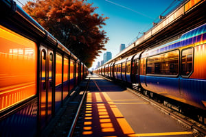 busy urban train platform during golden hour, sunlight casting deep orange shadows while multiple commuters are silhouetted against bright, warm light, front of a door, with autumn leaves falling all around her, flowers on the ground, trees, doors, and windows, creating an atmosphere filled with warm colors. In the style of Pixar, with high definition, detailed depiction, wide-angle lens, soft lighting, static movements, lively --ar 65:128 --stylize 750, captures the rush and transient nature of city life, vibrant colors reflecting from polished surfaces and fleeting interactions --ar 9:16 --style raw