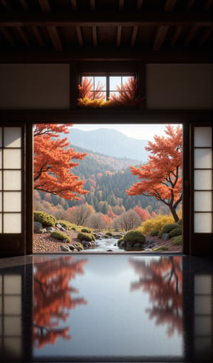 The ultra-high definition RAW photo depicts a serene landscape seen through a sliding glass door from inside a traditional Japanese room. The room features a dark brown wooden frame and multiple clear panes of glass, with a symmetrical composition that draws the viewer's eye to the vibrant autumn landscape outside. The interior floor is highly reflective, with a glossy black tile floor reflecting the vibrant colors of the outdoor foliage in shades of red, orange, yellow, and green. The middle ground consists of a sliding glass door that is partially open, allowing a clear view outside. The outdoor landscape is filled with vibrant autumn trees with dense red and golden leaves against a backdrop of lush foliage. A flowing stream or creek runs through the landscape, with the clear water reflecting the colorful leaves, creating a serene atmosphere. Gentle ripples can be seen on the water's surface, adding depth to the landscape. Two prominent moss-covered stones can be seen partially submerged in water near the bottom right corner of the outdoor landscape. The interior ceiling is made of horizontally aligned dark wood panels, complementing the overall warm and cozy atmosphere. Above the sliding doors is a small rectangular window adorned with colorful fall leaves in red, yellow and orange, adding a splash of color to the picturesque view. The lighting is soft and natural, illuminating the scene evenly and highlighting the beauty of the fall foliage. The color palette includes crimson, burnt orange, forest green, sky blue and warm yellow, creating a balanced and harmonious composition that inspires a feeling of tranquility and connection to nature. The overall atmosphere is peaceful and meditative, further enhanced by the balanced lighting and the harmonious blend of indoor and outdoor elements.