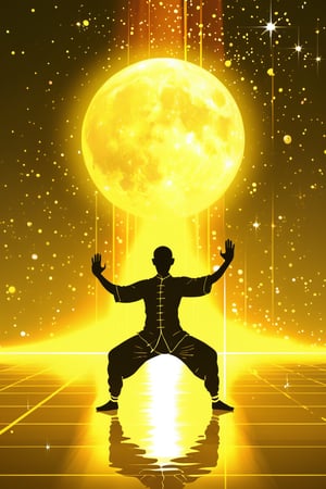 Yellow fluorescent art, Shaolin monks doing kung fu, the background is the image emitting golden light, white silhouette, ethereal feeling, artistic sense, surrounded by stars