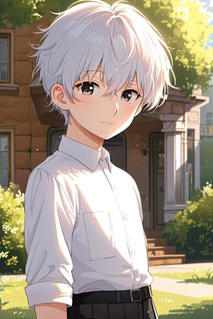 (1boy male man solo :1.7) A very beautiful boy, repulce cute outfit (white blouse, black skirt, silver hairpin, masterpiece quality, light particles, mansion in background, looking at viewer, upper body,Anime Style.