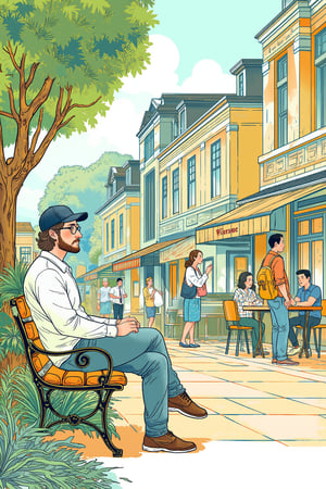 A whimsical line drawing transitions to a vibrant college campus scene, where a lively 1 male man, 24yo boy with beard glasses,upper body portrait sits on a bench outside a bustling café., stylish baseball cap The central figure is surrounded by lush greenery and students chatting in the morning air. The camera uses a 35mm f/2.0 wide-angle lens capturing the playful texture crisp lines and youthful color blocks.,guochao