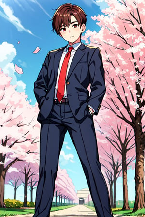 masterpiece, best quality,(1boy :1.7) eyes, brown, choppy bob,envious _face,shiny skin,medium ,nice school uniform, ,necktie,((pencil, pants )),, , Pathway_lined_with_blooming_cherry_blossom_trees,,looking at viewer,from below,full body, ,
