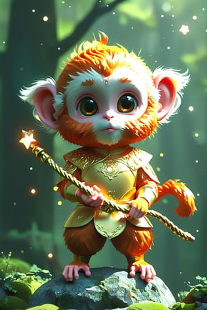 Fluorescent art, sky full of stars, wearing a golden tight hoop, cute monkey king cartoon character from "Journey to the West", holding his golden stick in hand, standing on a rock, surrounded by moss. The background is a forest scene, rendered using 3D rendering software. It has big eyes, bright colors, soft light, high resolution and a cinematic feel. Pixar style. Felt material, Disney style.(Magnificent sharpness highest level detailed quality:1.2 ), (extremely detailed 8K effects detailed :1.6 ) (extremely detailed_detail:1.5) (high pixel detail quality, sharp quality) 
(excellent sharp edges:1.5)
(Magnificent sharpness highest level detailed quality:1.3), (extremely detailed 8K effects detailed ) (extremely detailed_detail) 
(highest level detailed quality)!(excellent quality detailed:1.5)! 
(out of focus details:1)
 (masterpiece:1.3), (best quality:1.3), (ultra high resolution:0.9) (hd +:0.8 ) (high definition image :1.5)  (auto adjust detail_details:0.8) 