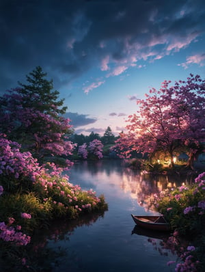 detailed background,( Calm spring night landscape), amongst lush greenery, beautiful view, creeping phlox in full bloom, creeping phlox, early morning, sunrise sky, beautiful clouds, dappled sunlight, outdoor seating, one lamp, Tranquil Lake, Boat on a Lake, depth of field, masterpiece, best quality, ultra-detailed, very aesthetic, illustration, perfect composition, intricate details, absurdres, moody lighting, wisps of light, no humans,(Magnificent sharpness highest level detailed quality:1.2 ), (extremely detailed 8K effects detailed :1.6 ) (extremely detailed_detail:1.5) (high pixel detail quality, sharp quality) 
(excellent sharp edges:1.5)
(Magnificent sharpness highest level detailed quality:1.3), (extremely detailed 8K effects detailed ) (extremely detailed_detail) 
(highest level detailed quality)!(excellent quality detailed:1.5)! 
(out of focus details:1)
 (masterpiece:1.3), (best quality:1.3), (ultra high resolution:0.9) (hd +:0.8 ) (high definition image :1.5)  (auto adjust detail_details:0.8) 