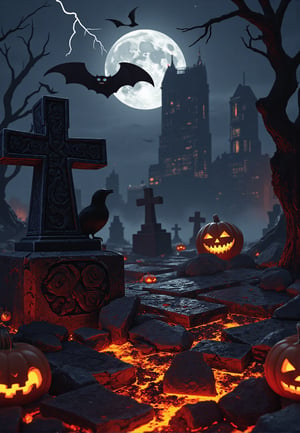 The bat flies over the sepulchral grave, while the illuminated pumpkin seems to look ahead with a spooky.Sorrounded by burning red and orange lava splatters.Dark tones dominated,contrasted with bright bursts The night is dark and stormy,  The sky is dark, with clouds swirling, and distant bats can be seen flying.Spooky old cemetery at night, filled with weathered tombstones, The lighting is soft and warm, with a focus on texture and lighting of the scene to create a hypnotic and exciting effect." A dark, intense digital art of the tombstone symbiote, synthwave, size balance. sunset, very aesthetic. art landscape ink cinematic cracked old antique burned paper, circle fiery a full moon casting eerie light over misty graves. Shadows of twisted, dead trees loom in the background, and glowing jack-o'-lanterns are scattered around. A haunted, abandoned feeling fills the air, with ghostly figures barely visible in the mist. The overall mood is haunting yet atmospheric,"A dark and mysterious Halloween scene, with a bat, pumpkin and sepulchral grave",
" with gray clouds and lightning illuminating the sky.",
"lighting":, .capturing the fluid, organic texture of the symbiote's form. neon reflections casting eerie glows across the urban landscape. The skyscrapers reflect the neon lights against the dark shades  glows vividly. synapse, simple art, of fiery red and orange.Adenden instense and dramatic conveys a strong absurdres,
(Magnificent sharpness highest level detailed quality:1.2 ), (extremely detailed 8K effects detailed :1.6 ) (extremely detailed_detail:1.5) (high pixel detail quality, sharp quality) 
(excellent sharp edges:1.5)
(Magnificent sharpness highest level detailed quality:1.3), (extremely detailed 8K effects detailed ) (extremely detailed_detail) 
(highest level detailed quality)!(excellent quality detailed:1.5)! 
(out of focus details:1)
 (masterpiece:1.3), (best quality:1.3), (ultra high resolution:0.9) (hd +:0.8 ) (high definition image :1.5)  (auto adjust detail_details:0.8) 