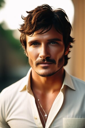 portrait photo of an unshaven Pedro Pascal from The Last of Us, in a unbuttoned white summer shirt, outside light, shot on Hasselblad H4D 200MS Digital Camera, Mitakon Speedmaster 85mm f/1. 4 XCD --q 5 --ar 1:2