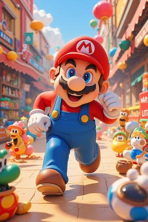 A joyful Super Mario, sporting a bright, beaming smile and a small belly, is in mid-run, his iconic red cap and blue overalls a blur as he dashes across the scene. In a vibrant, Pop Mart-inspired setting, colorful toys and anime-style elements blend seamlessly with 3D-rendered environments, created using Blender and photorealistic rendering at 1.4 resolution. The image is presented in RAW photo quality, with meticulous attention to detail and textures.