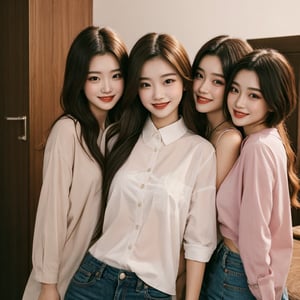 17 years old beautifull girl, (highclass model), trendy shirt, trendy pants, (((3girls))), happy smile, look at viewer, (((seduce viewer, sensual))), luxury house background