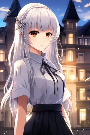 A very beautiful girl, cute outfit (white blouse, black skirt, silver hairpin, hime cut hairstyle, masterpiece quality, light particles, mansion in background, looking at viewer, upper body,Anime Style.