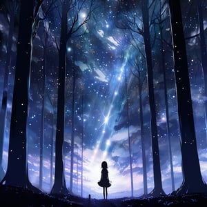 A serene night landscape featuring a solitary anime-style girl standing beneath a canopy of towering trees, their slender figure illuminated by the soft glow of stars twinkling in a cloudy sky. The starry expanse stretches above, a kaleidoscope of celestial bodies reflected in her eyes as she gazes up at the mystical display.,noc-space