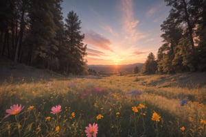 masterpiece, best quality, aethetic, vibrant sunsets, blooming wildflowers