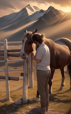 4k, (masterpiece, best quality, highres:1.3), ultra resolution, intricate_details, (hyper detailed, high resolution, best shadows),
1horse standing, 1girl standing facing left and kissing the horses on eyes with tilted_head, gentle and loving_expression, wearing_soft_cotton_tshirt and lower, wooden_fence, mountains, beautiful_scenery, 4k wallpaper, sunshine, clouds, 