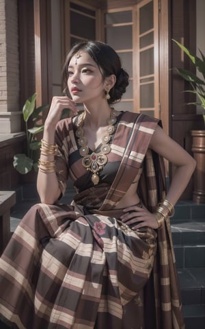 4k, (masterpiece, best quality, highres:1.3), ultra resolution, intricate_details, (hyper detailed, high resolution, best shadows),
1 woman, brown_skin, asian, wearing indian saree, checkered_clothing, bangles, jewelery, earrings, bindi, flower_in_hair, dark background,AanyaaSanaya,Extremely Realistic,More Detail