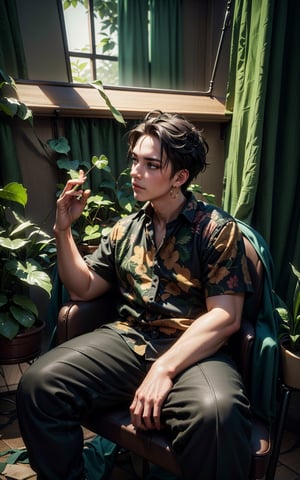 4k, (masterpiece, best quality, highres:1.3), ultra resolution, intricate_details, (hyper detailed, high resolution, best shadows),

1boy, man, chubby, sitting on a leather chair, in a room with large windows, looking_left, holding a long hanging branch of a plant(devil's ivy) with straight fingers, wearing a flowral pattern shirt and a pant, earrings, silky_hair, plants, foliage, monstera deliciosa plant, soft_lighting, curtains, ,(best quality
