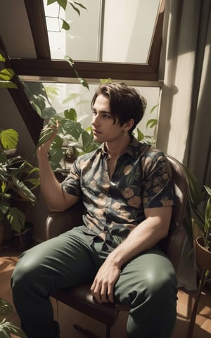 4k, (masterpiece, best quality, highres:1.3), ultra resolution, intricate_details, (hyper detailed, high resolution, best shadows),

1boy, sitting on a leather chair, in a room with large windows, looking_left, wearing a flowral pattern shirt and a pant, earrings, silky_hair, plants, foliage, soft_lighting, curtains, 