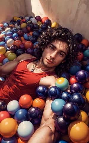 4k, (masterpiece, best quality, highres:1.3), ultra resolution, intricate_details, (hyper detailed, high resolution),
1man, boy, laying_down, on colorful balls, long_curly_hair, wearing_sando, locket, looking_at_viewer, taking_selfie,
