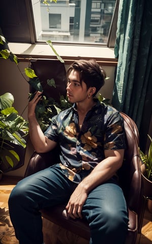 4k, (masterpiece, best quality, highres:1.3), ultra resolution, intricate_details, (hyper detailed, high resolution, best shadows),

1boy, sitting on a leather chair, in a room with large windows, looking_left, wearing a flowral pattern shirt and a pant, earrings, silky_hair, plants, foliage, soft_lighting,  