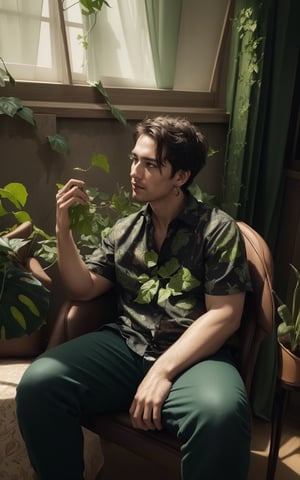 4k, (masterpiece, best quality, highres:1.3), ultra resolution, intricate_details, (hyper detailed, high resolution, best shadows),

1boy, sitting on a leather chair, in a room with large windows, looking_left, holding a long branch plant(devil's ivy) with straight fingers, wearing a flowral pattern shirt and a pant, earrings, silky_hair, plants, foliage, monstera deliciosa plant, soft_lighting, curtains, 