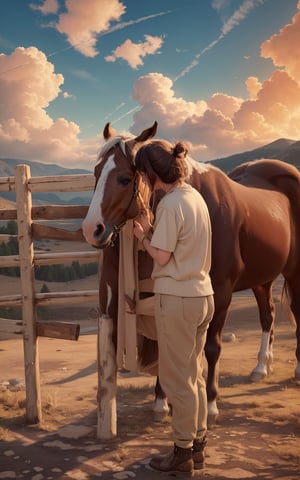 4k, (masterpiece, best quality, highres:1.3), ultra resolution, intricate_details, (hyper detailed, high resolution, best shadows),
1horse standing, 1girl standing facing left and kissing the horses on eyes with tilted_head, gentle and loving_expression, wearing_soft_cotton_tshirt and lower, wooden_fence, mountains, beautiful_scenery, 4k wallpaper, sunshine, clouds, 