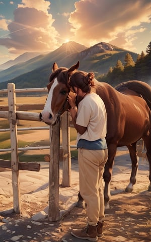 4k, (masterpiece, best quality, highres:1.3), ultra resolution, intricate_details, (hyper detailed, high resolution, best shadows),
1horse standing, 1girl standing facing left and kissing the horses on eyes with tilted_head, gentle and loving_expression, wearing_soft_cotton_tshirt and lower, wooden_fence, mountains, beautiful_scenery, 4k wallpaper, sunshine, clouds, 