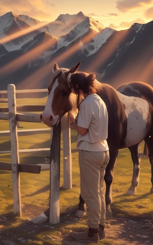 4k, (masterpiece, best quality, highres:1.3), ultra resolution, intricate_details, (hyper detailed, high resolution, best shadows),
1horse standing, 1girl standing facing left and kissing the horses on eyes with tilted_head, gentle and loving_expression, wearing_soft_cotton_tshirt and lower, wooden_fence, mountains, beautiful_scenery, 4k wallpaper, sunshine, sunrays, clouds, blue_sky,fantasy00d,SAM YANG