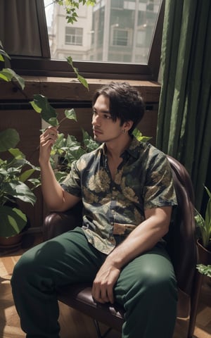 4k, (masterpiece, best quality, highres:1.3), ultra resolution, intricate_details, (hyper detailed, high resolution, best shadows),

1boy, sitting on a leather chair, in a room with large windows, looking_left, holding a long hanging branch of a plant(devil's ivy) with straight fingers, wearing a flowral pattern shirt and a pant, earrings, silky_hair, plants, foliage, monstera deliciosa plant, soft_lighting, curtains, depth_of_field, 