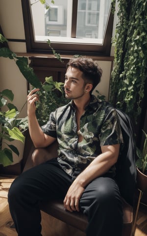 4k, (masterpiece, best quality, highres:1.3), ultra resolution, intricate_details, (hyper detailed, high resolution, best shadows),

1boy, sitting on a leather chair, in a room with large windows, looking_left, holding a long hanging branch of a plant(devil's ivy) with straight fingers, wearing a flowral pattern shirt and a pant, earrings, silky_hair, plants, foliage, monstera deliciosa plant, soft_lighting, curtains,