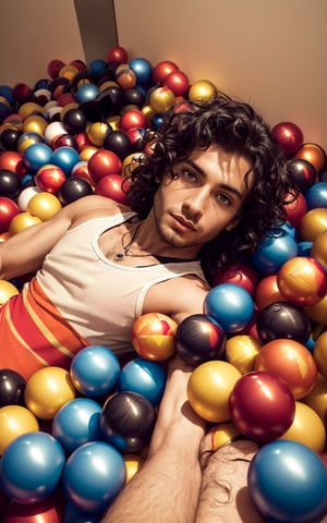 4k, (masterpiece, best quality, highres:1.3), ultra resolution, intricate_details, (hyper detailed, high resolution),
1man, boy, laying_down, on colorful balls, long_curly_hair, wearing_sando, locket, looking_at_viewer, taking_selfie,
