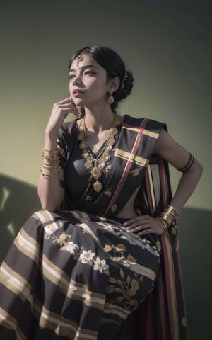 4k, (masterpiece, best quality, highres:1.3), ultra resolution, intricate_details, (hyper detailed, high resolution, best shadows),
1 woman, brown_skin, asian, wearing indian saree, checkered_clothing, bangles, jewelery, earrings, bindi, flower_in_hair, dark background,AanyaaSanaya