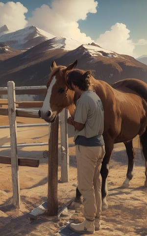 4k, (masterpiece, best quality, highres:1.3), ultra resolution, intricate_details, (hyper detailed, high resolution, best shadows),
1 brown horse standing, 1girl standing facing left and kissing the horses on eyes with tilted_head, gentle and loving_expression, wearing_soft_cotton_tshirt and lower, wooden_fence, mountains, beautiful_scenery, 4k wallpaper, sunshine, high_contrast, clouds, blue_sky,YeiyeiArt,oil painting