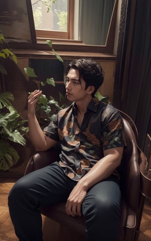 4k, (masterpiece, best quality, highres:1.3), ultra resolution, intricate_details, (hyper detailed, high resolution, best shadows),

1boy, sitting on a leather chair, in a room with large windows, looking_left, wearing a flowral pattern shirt and a pant, earrings, silky_hair, plants, foliage, soft_lighting, curtains, ,yeonyuromi,More Detail,perfect