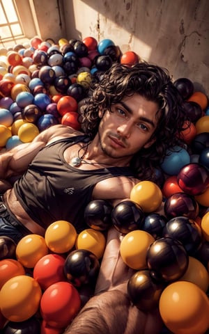 4k, (masterpiece, best quality, highres:1.3), ultra resolution, intricate_details, (hyper detailed, high resolution),
1man, boy, laying_down, on colorful balls, long_curly_hair, wearing_sando, locket, looking_at_viewer, taking_selfie, nice_physique, strong_depth_of_field,
