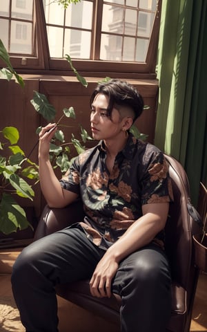 4k, (masterpiece, best quality, highres:1.3), ultra resolution, intricate_details, (hyper detailed, high resolution, best shadows),

1boy, sitting on a leather chair, in a room with large windows, looking_left, wearing a flowral pattern shirt and a pant, earrings, silky_hair, plants, foliage, soft_lighting, curtains, ,yeonyuromi,More Detail