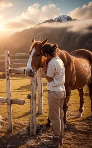 4k, (masterpiece, best quality, highres:1.3), ultra resolution, intricate_details, (hyper detailed, high resolution, best shadows),
1 brown horse standing, 1girl standing facing left and kissing the horses on eyes with tilted_head, gentle and loving_expression, wearing_soft_cotton_tshirt and lower, wooden_fence, mountains, beautiful_scenery, 4k wallpaper, sunshine, sunrays, clouds, blue_sky,fantasy00d,SAM YANG