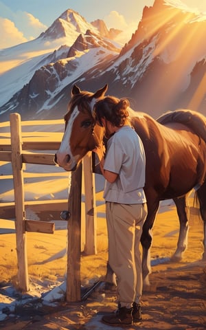 4k, (masterpiece, best quality, highres:1.3), ultra resolution, intricate_details, (hyper detailed, high resolution, best shadows),
1horse standing, 1girl standing facing left and kissing the horses on eyes with tilted_head, gentle and loving_expression, wearing_soft_cotton_tshirt and lower, wooden_fence, mountains, beautiful_scenery, 4k wallpaper, sunshine, sunrays, clouds, blue_sky,fantasy00d,SAM YANG
