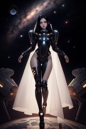 Scifi setting, beautiful female, black hair, Chinese, big eyes,  in a busy sky full of stars, a Spaceport full of people and starships, detailed skin texture, young, fullbody, sexy pose,
,Detailedface